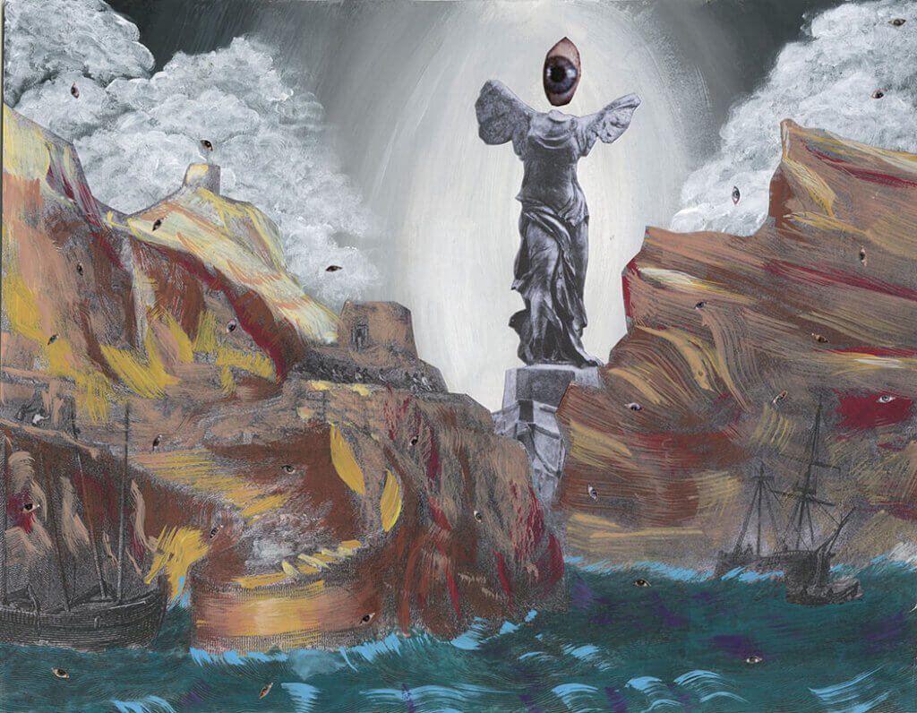 Surreal seascape with rocky cliffs, small ships, clouds, and a winged statue topped by a single eye, with scattered eyes throughout the scene.