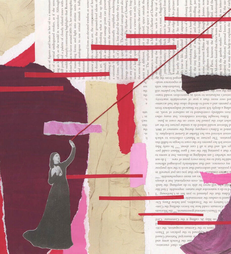Abstract collage of torn book pages and red, pink, and cream paper with a small black-and-white figure reaching upward along a diagonal red line.