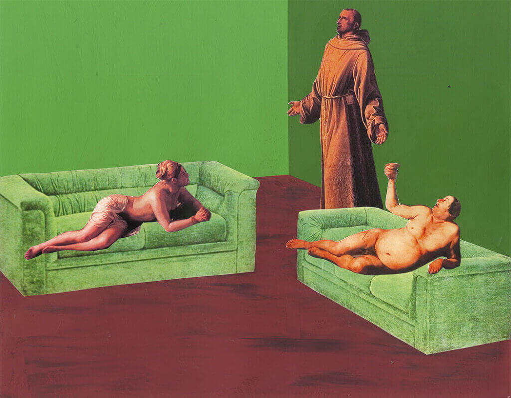Surreal interior scene with two nude figures reclining on green sofas and a robed monk standing between them against green walls.