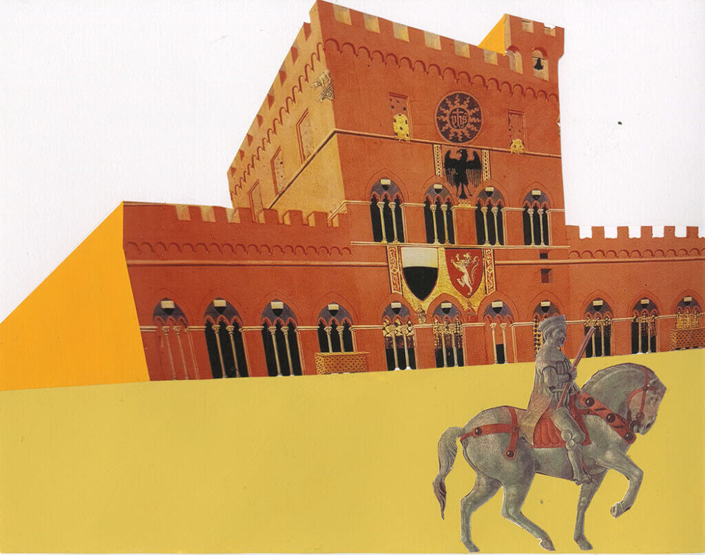 Collage of a red medieval-style building and an armored rider on horseback set against flat yellow geometric shapes.
