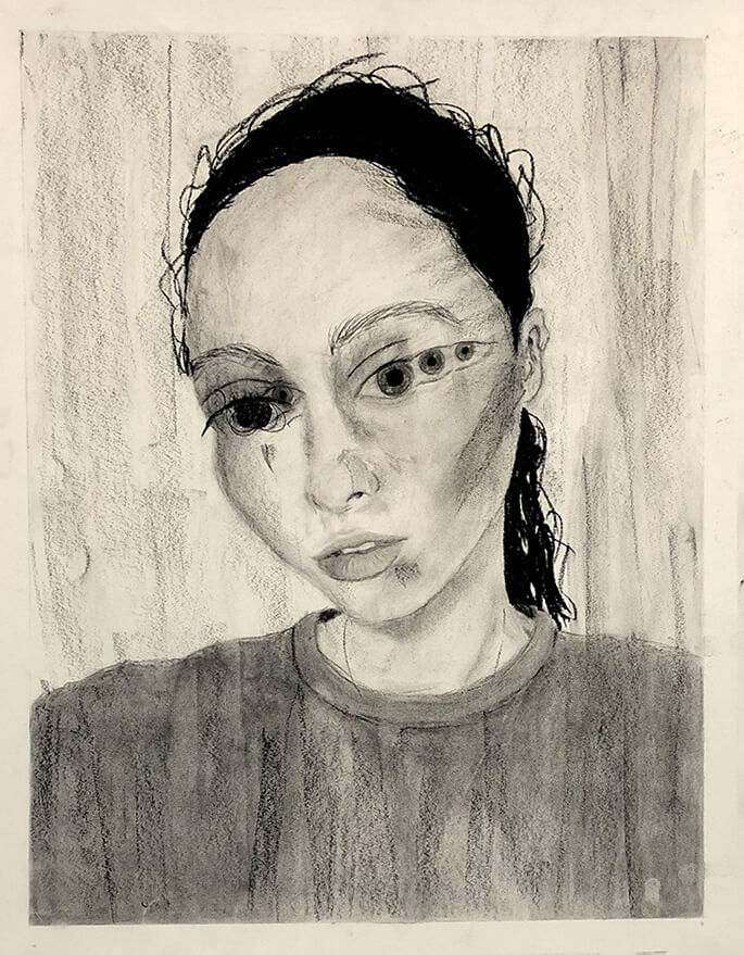 Graphite portrait of a young woman with dark hair and an elongated face, featuring an extra eye above one eyebrow.