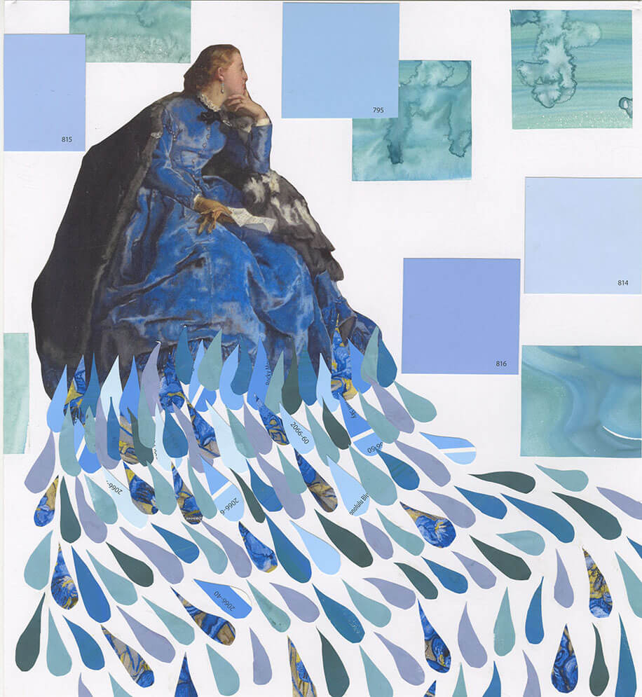 Collage of a seated woman in a blue dress surrounded by pale blue squares and cascading teardrop shapes in shades of blue.