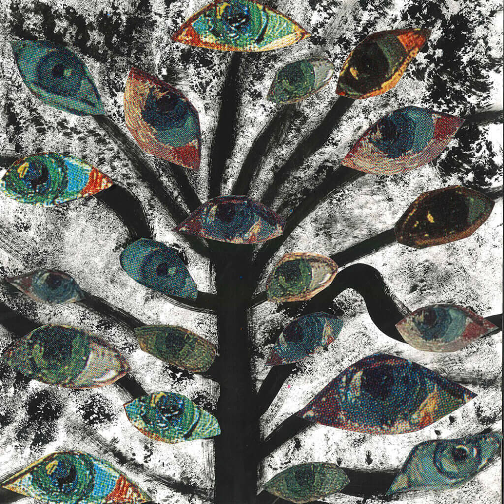  Collage of a black tree-like form whose branches end in many multicolored eye shapes against a textured black-and-white background.