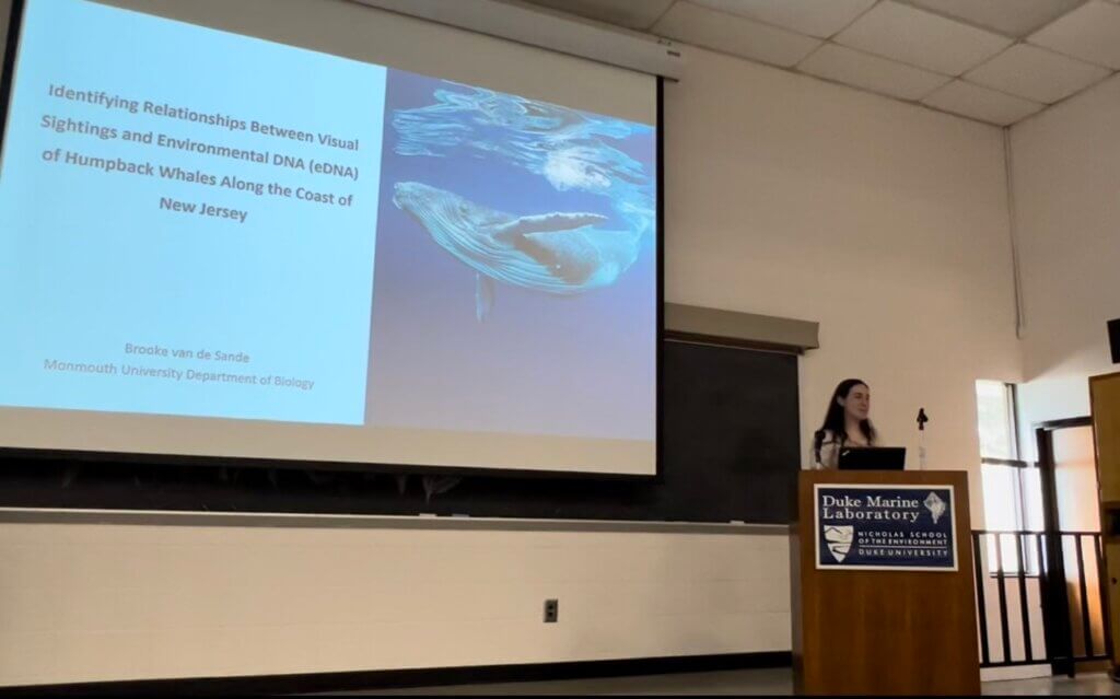 Woman speaking at podium, with her presentation projected on a screen. The slide features a whale swimming in a large body of water, with the title "Identifying Relationships Between Visual Sightings and Environmental DNA (eDNA) of Humpback Whales along the coast of New Jersery"
