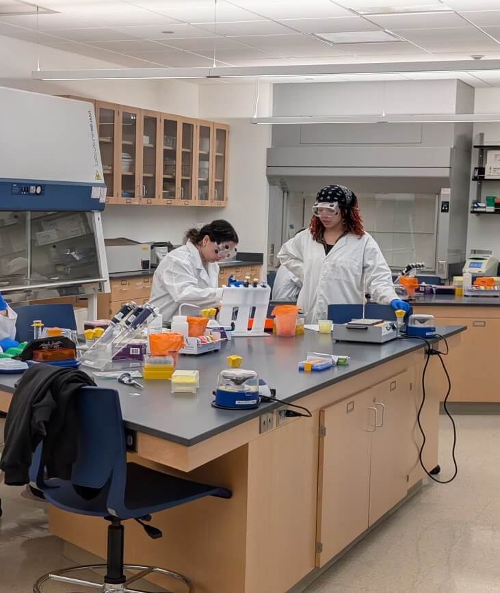Two students in white coats working with chemical in a lab