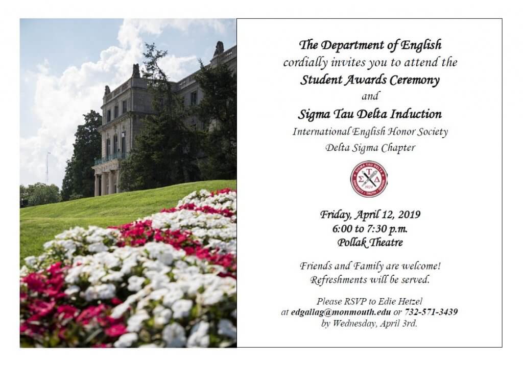 Photo shows invitation for 2019 Sigma Tau Delta student awards ceremony