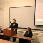Photo shows Brittany Cote, Alissa Malkemes and Jaimee Nadzan conducting a panel discussion on Literatures of Immigration.