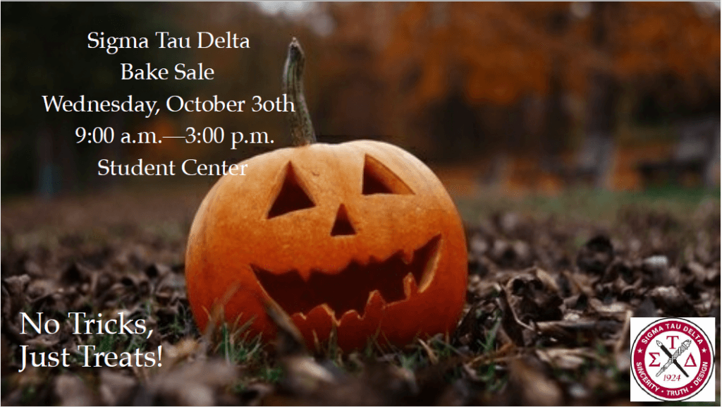 Photo promotes Sigma Tau Delta Bake Sale during Halloween
