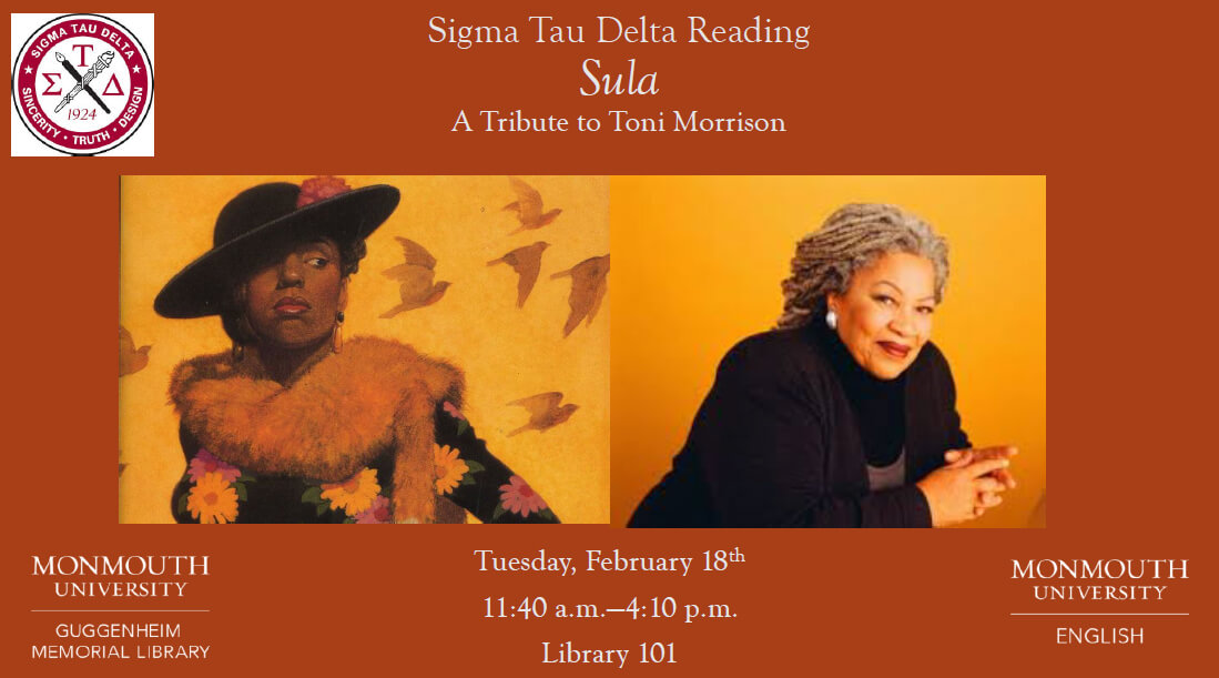 Photo image for Sigma Tau Delta Reading of Sula by Toni Morrison on Tuesday, February 18, 2020