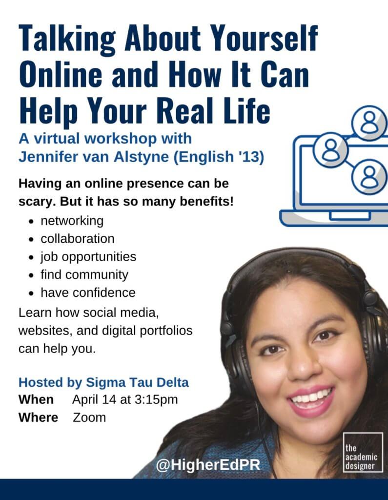 Photo image of event flyer for Life After Monmouth Workshop Series: "Talking About Yourself Online & How It Can Help You in Real Life"