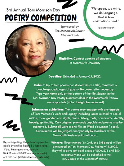 Third Annual Toni Morrison Day Poetry Competition - click or tap to view and download flyer for details