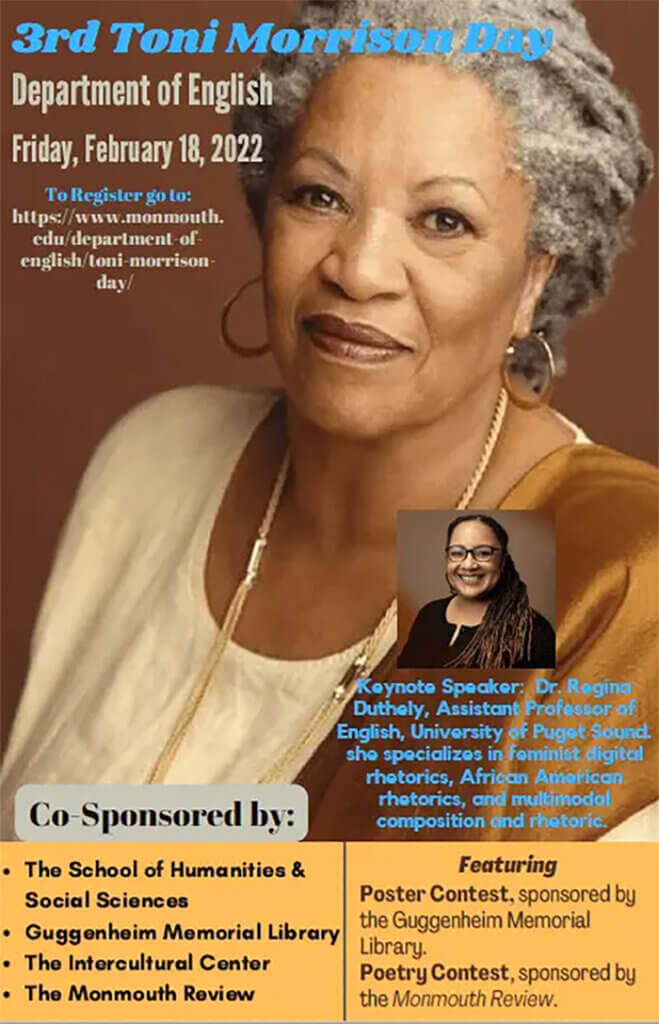 Program Cover for Toni Morrison Day 2022 includes a photo of the poet as well as this year's keynote speaker Dr. Regina Duthely