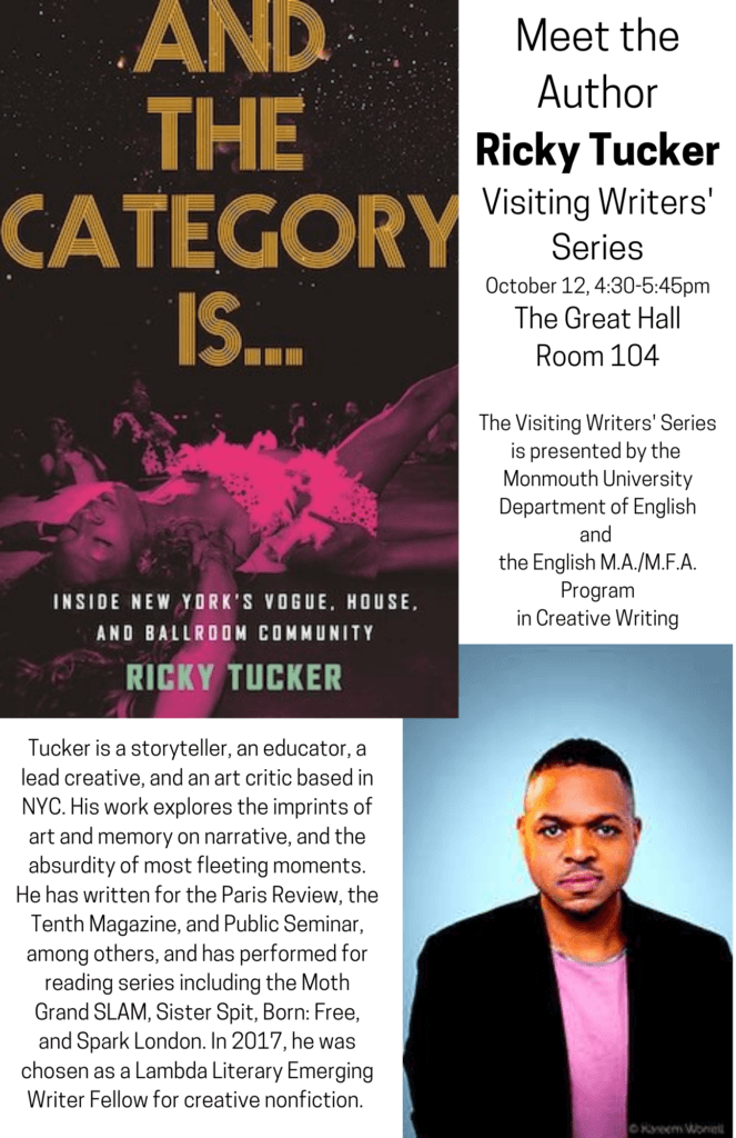 Visiting Writers Series: Ricky Tucker, October 12, 2022, 4:30pm, GH 104