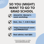 Sigma Tau Delta seminar, "So You (Might) Want to Go To Grad School." December 7, 2022 at 4:30-5:30pm on Zoom