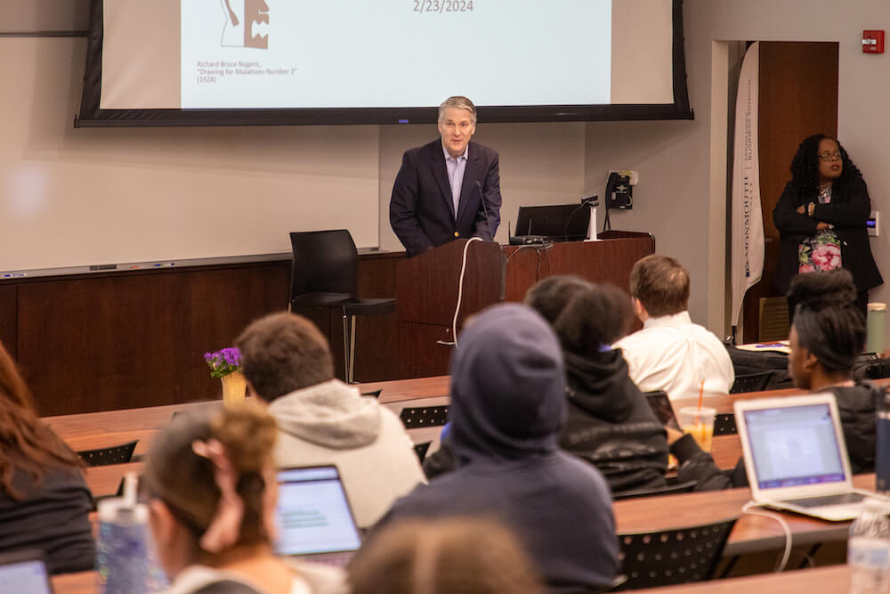 Monmouth University President welcomed audience members to the
5th Annual Toni Morrison Day celebration in Pozycki Auditorium.