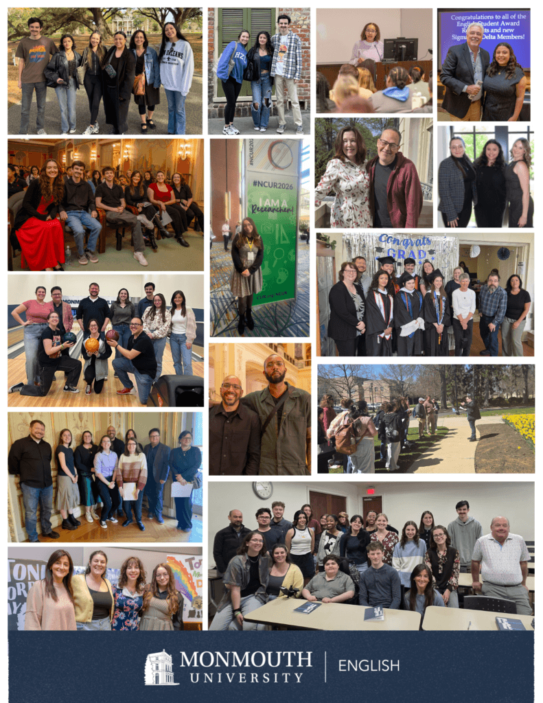 Picture collage of students and faculty at various events and conferences throughout the Spring semester. Most consist of group shots in different locations (halls, auditoriums, classrooms). In one standout photo, students and faculty hold bowling balls in a small bowling alley. In another, students in caps and gowns pose near faculty with a banner that reads "Congrats Grad"