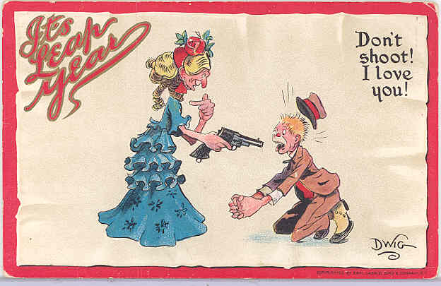 A woman points a gun at a man, his hat flying off his head and his hands clasped in prayer. The woman points at herself. The caption reads: Don't shoot! I love you!