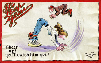 A tall woman, her legs tied together with a ribbon, attempts to capture a tinier man, who manages to jump over her before she can grab him. The caption reads: "Cheer up! you'll catch him yet!"