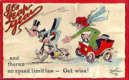 A woman in a car tries to capture a man on a bicycle, who is smoking a cigar. The caption reads: "and there's no speed limit law - Get wise!"