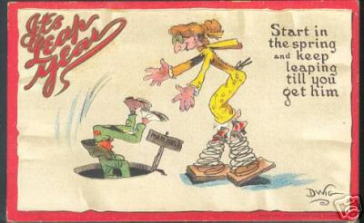 A man falls down a hole. A woman wearing shoes with springs attached extends her hands out to grab him. The caption reads: Start in the spring and keep leaping till you get him