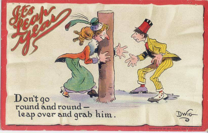 A woman tries to capture a man who is using a pole in the ground to avoid her. The caption reads: "Don't go round and roung—leap over and grab him."