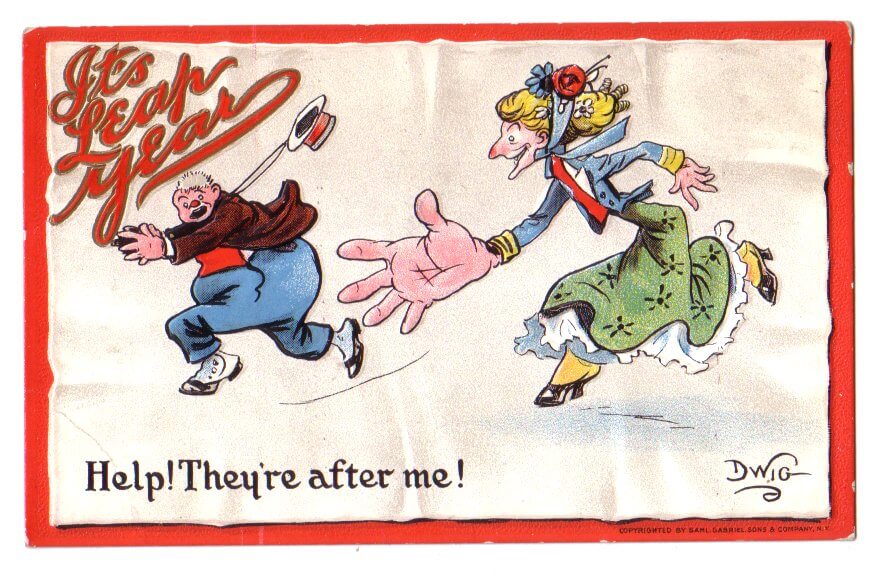 A woman with a gigantic hand attempts to capture a man, who's running away so fast his hat falls off his head. The caption reads: "Help! They're after me!"