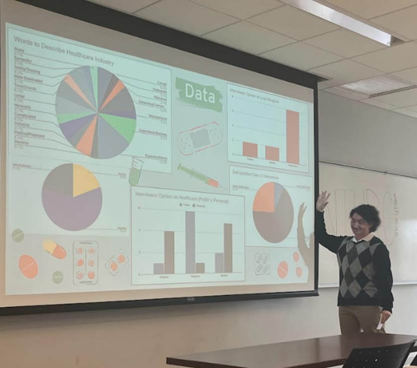 Student presenting power point presentation. Slide is about data and infographics.