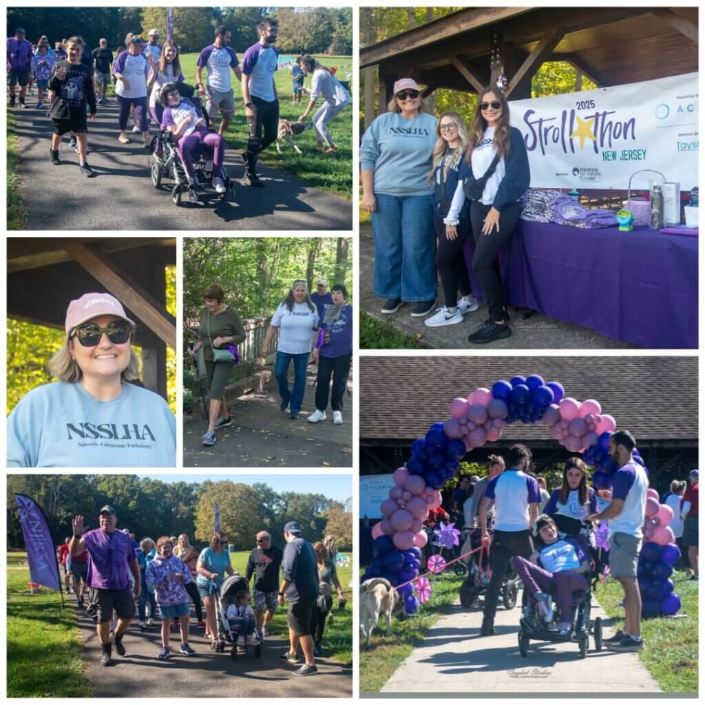 Collage of photos of National Student Speech Language Hearing Association participating in a "strollathon"--similar to a marathon but with the incorporation of strollers. 
