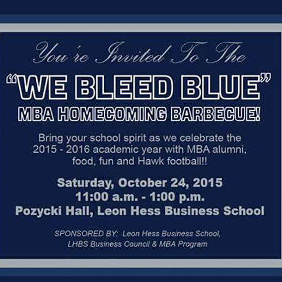 Photo of invitation to attend "We Bleed Blue" MBA Homecoming Barbecue at Monmouth University in 2015