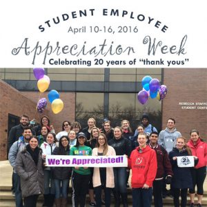 Photo of students with balloon celebrating National Student Employment Appreciation Week 2016