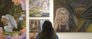 Gallery visitor observing student art