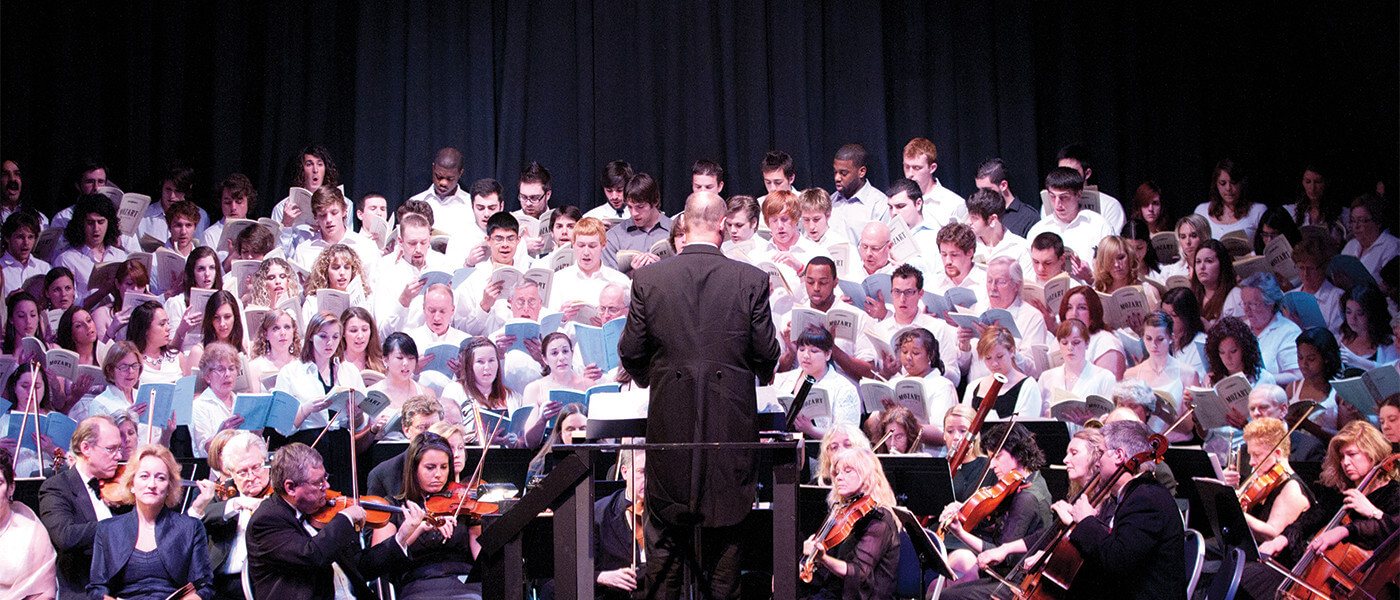 A wide view of a choir performing