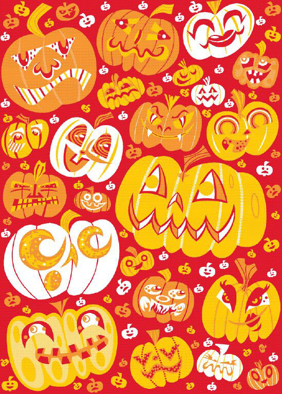 Image shows drawing of Halloween-decorated pumpkins