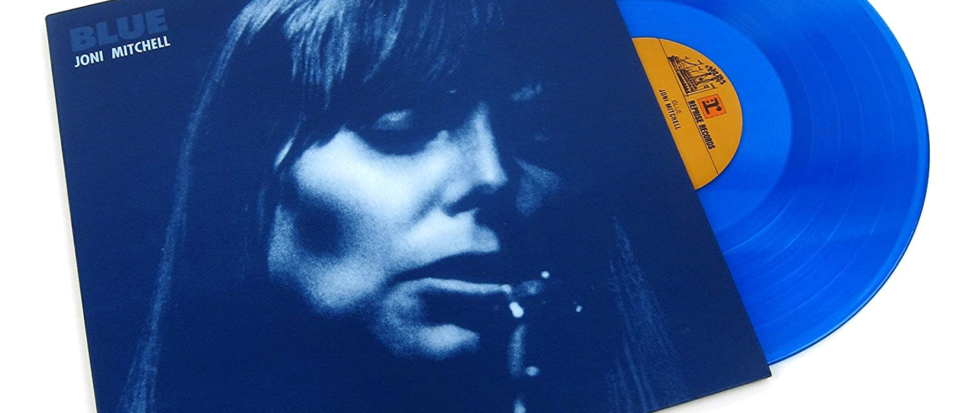 Photo of album cover and blue-colored vinyl of Joni Mitchell's Blue