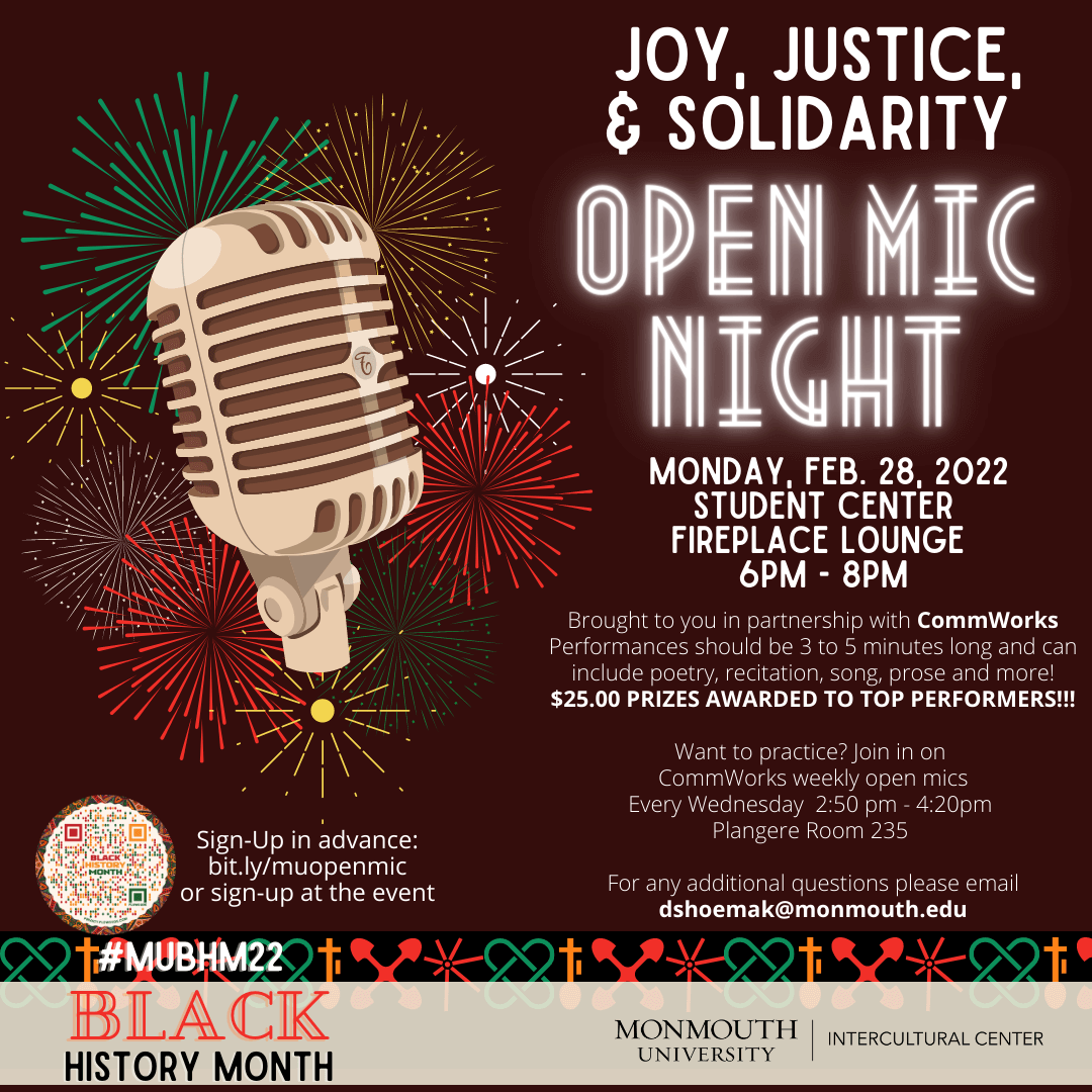 Flyer for Open Mic Night - Joy, Justice and Solidarity from 6 to 8 p.m. on Monday, February 28, 2022 as part of Black History Month