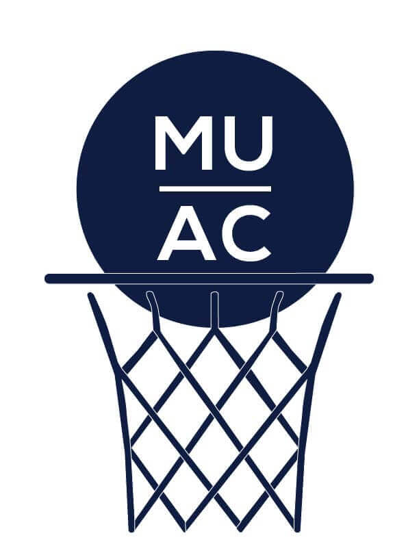 A ball swooshing through a hoop, with the letters MU AC.