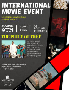 Flyer for documentary titled The Price of Free with viewing and discussion on Wednesday, March 9, 2022 starting at 2 p.m.
