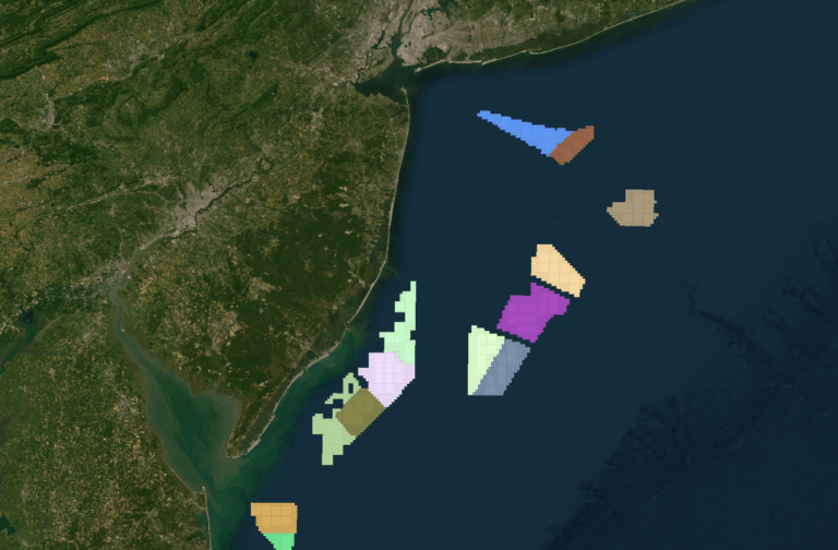 Marked locations on a map off the shore of New Jersey and New York, indicating where planned wind development areas are located.