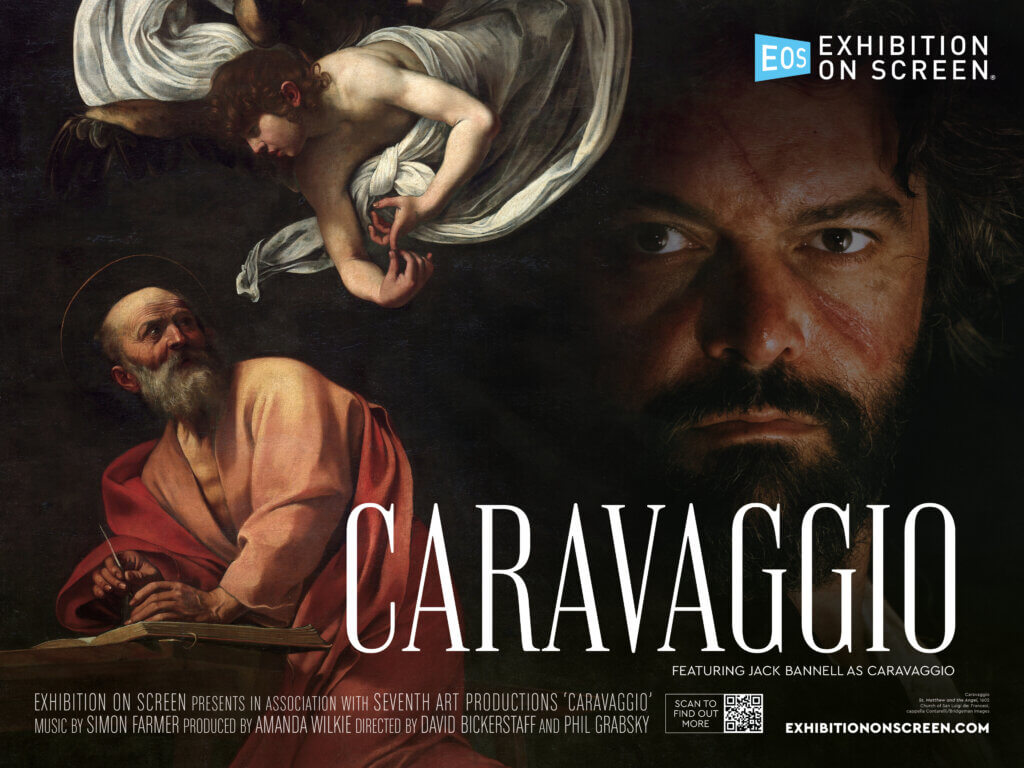 The Inspiration of Saint Matthew painting by Caravaggio with the Exhibition on Screen company logo.