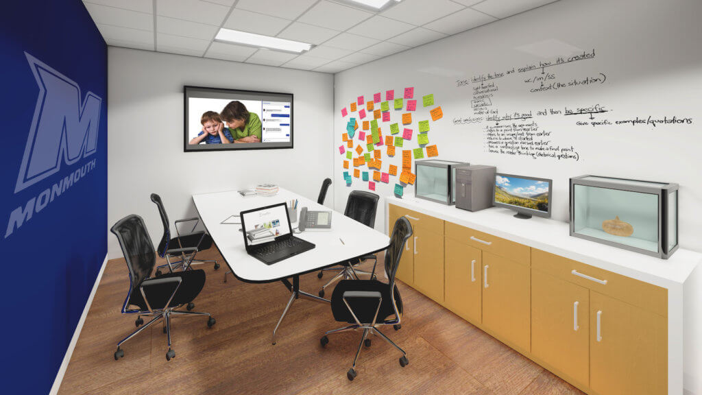 A view of the telehealth lab, featuring a projector, computers and a telephone, a table for meeting, and a wall for writing and sticking notes on.