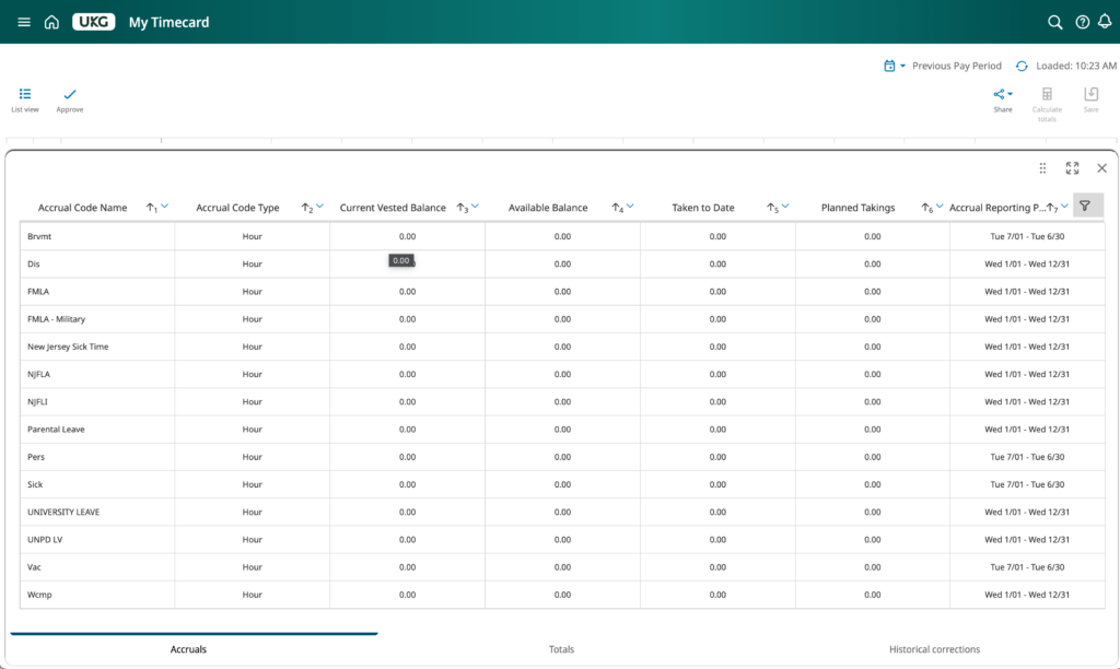 The Accruals section of the My Timecard screen. It displays rows for type of accrual, like New Jersey Sick Time, Personal, Vacation, and others. Each row has columns for accrual code type, current vested balance, available balance, taken to date, planned takings, and accrual reporting period.