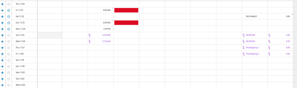 A screenshot of the timecard view within UKG Pro. Two of the employee's dates are missing punches, as indicated by red boxes within the punch-out column.