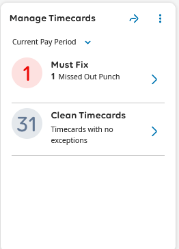 The Manage Timecards tile. It's displaying the user's current pay period, with one Must Fix notification for a missed punch, and thirty one clean timecards. 