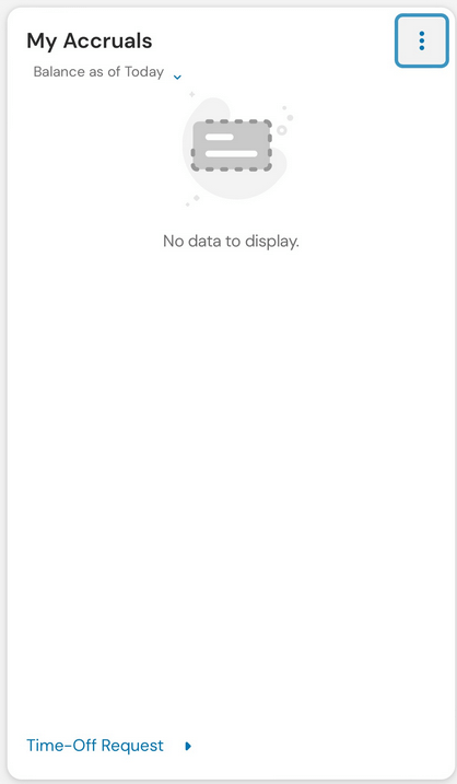 A tile from the UKG Pro mobile app. The tile is titled "My Accruals". The time-off request option is located at the bottom of the tile.