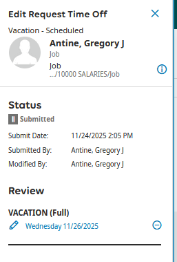 Edit Request Time Off Panel. The Pencil Icon to edit it appears under a heading that reads Review, at the bottom of the panel.