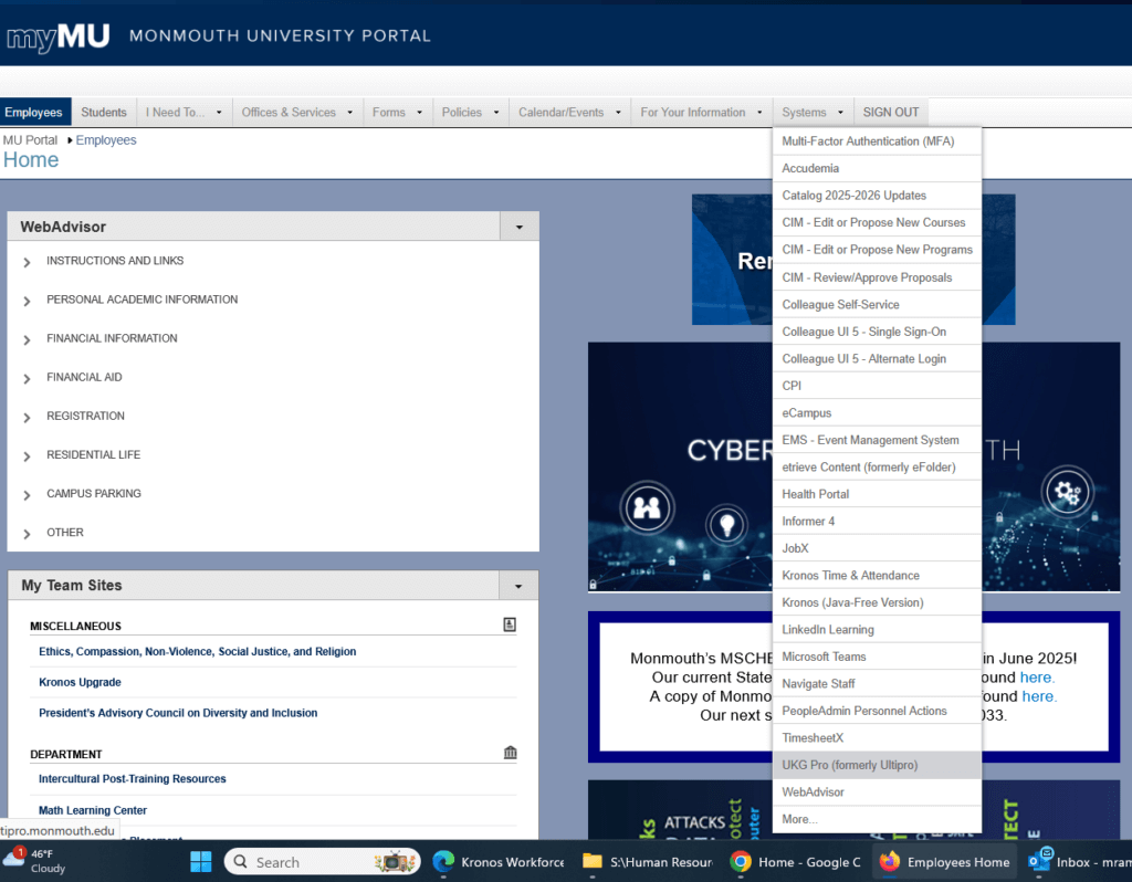 A screenshot of the myMU portal. The user has begun to go through the top menu, going to Systems, and then UKG Pro.