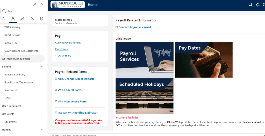 A screenshot of the UKG Pro portal. The user has navigated to the left menu, and selected the Workforce Management link.
