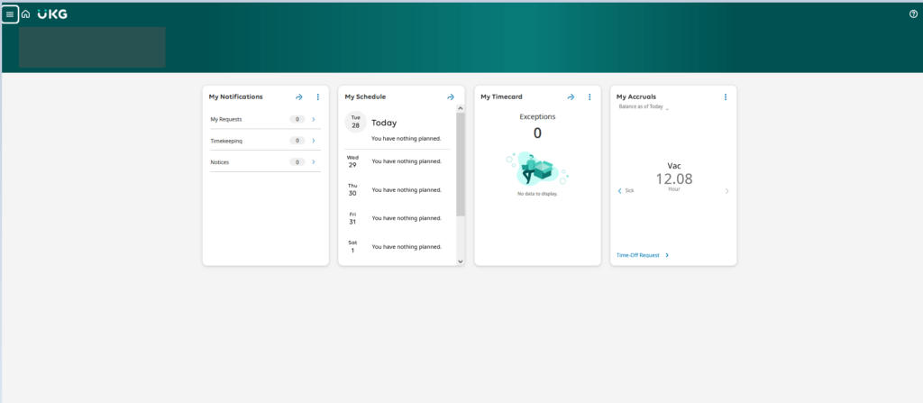 A screenshot of the UKG Pro Workforce Management Page. On the screen are four tiles. The third is My Timecard. 
