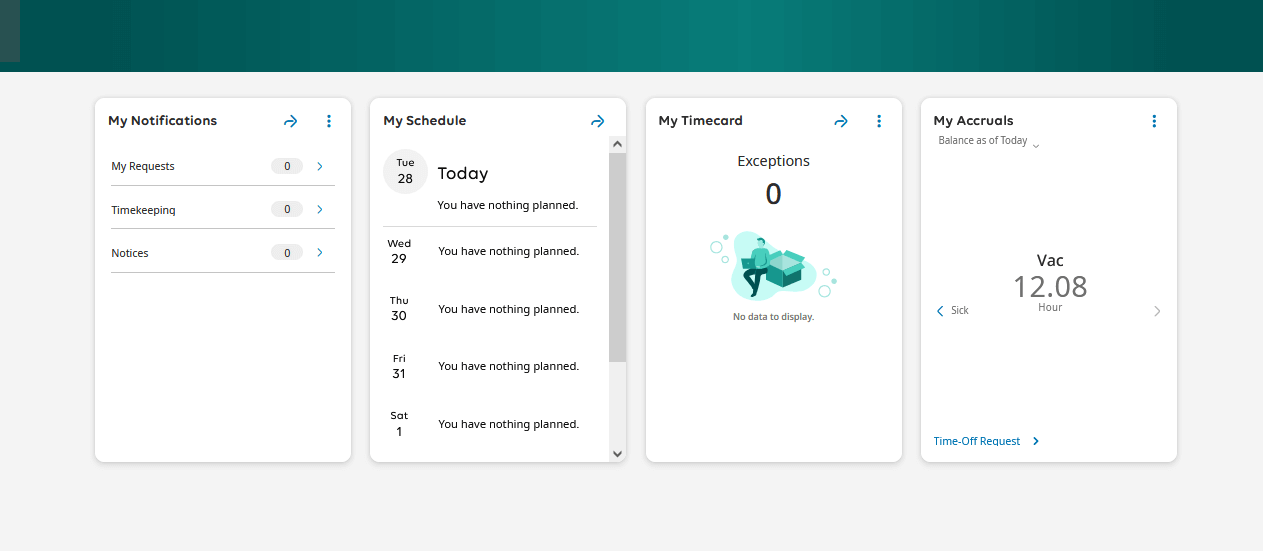 A screenshot of the UKG Pro Workforce Management Page. On the screen are four tiles. The time-off request option is located in the fourth tile, which is titled "My Accruals".
