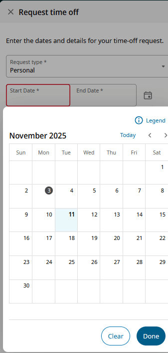 The Request Time Off panel, with the Start Date Field selected. A calendar has popped up, allowing the user to select the day they want their time off request to start. The user has selected Nov. 11, 2025. The Cancel and Done buttons appear at the bottom of the panel